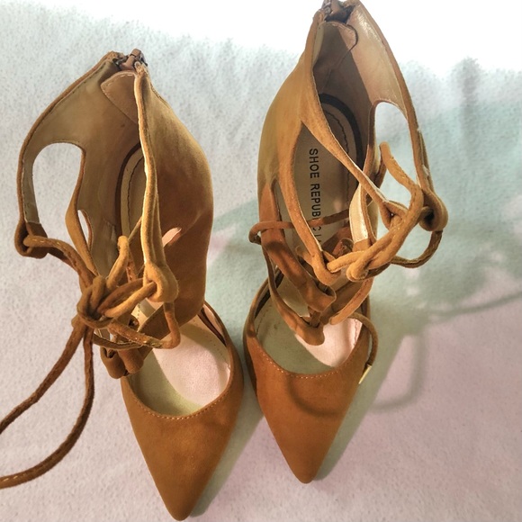 🌞SIZE 7 FIT Shoe Republic LA Chestnut Brown Suede String Up Stiletto Heels - Picture 3 of 9